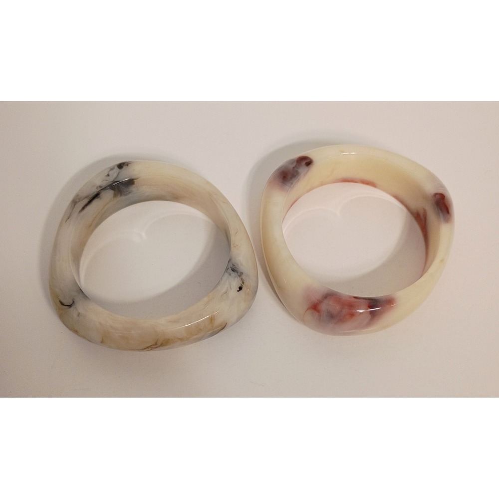 Two Vintage Chunky Pointed Bangle Bracelets Marble Stone Effect Gray, Cream,Pink